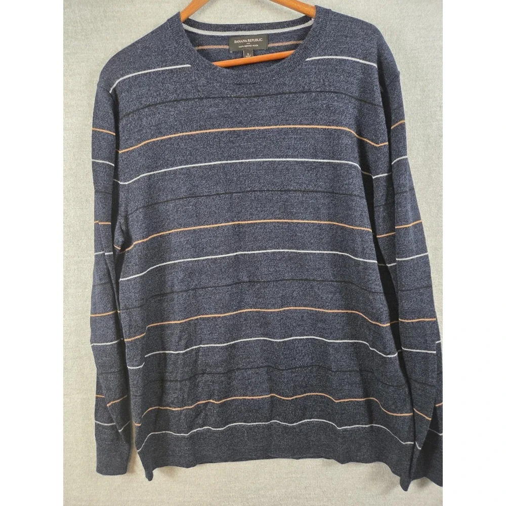 Banana Republic 100% Merino Wool Sweater Mens L Blue Stripe Preppy Career School